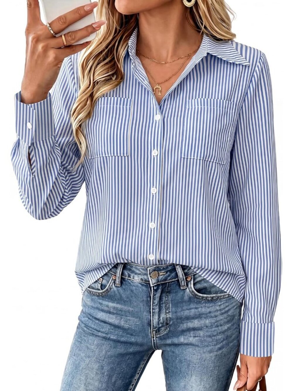 Women's Striped Blue White Long Sleeve Shirts Button Down Pocket Casual Blouses